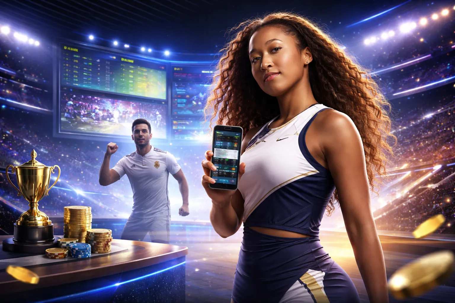 Biểu tượng đa dạng các môn thể thao như bóng đá, bóng rổ, tennis, esports trên nền xanh vàng